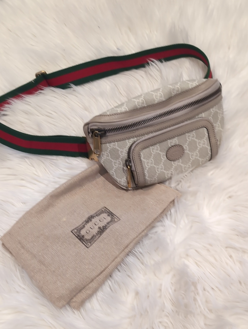 Gucci Beige GG Canvas Belt Bag with Green and Red Web Strap